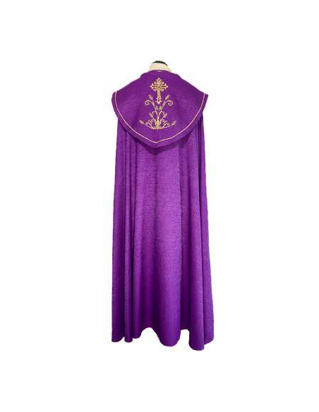 Capa Pluvial Bordada Cruz Con 2 Espigas Y Cenefa Floral Morada