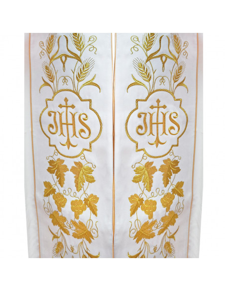 Capa Pluvial Bordada Jhs Con Cruz Larga En Roseton Espigas Y Uvas