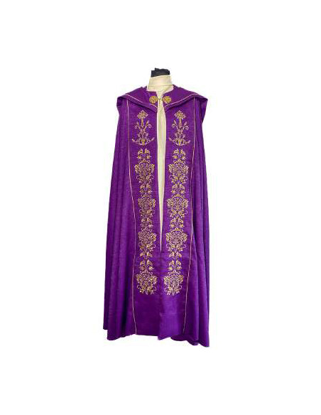 Capa Pluvial Bordada Cruz Con 2 Espigas Y Cenefa Floral Morada