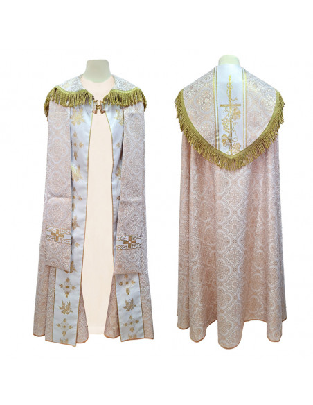 Capa Pluvial Blanca Estampada Tipo Damasco Cruces Y Cruz Con Uvas Detras N444 Con Estola