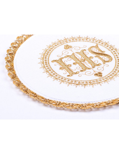 Juego De Altar Lino Palia Redonda Jhs Bordado Cenefa Dorada 18-5006