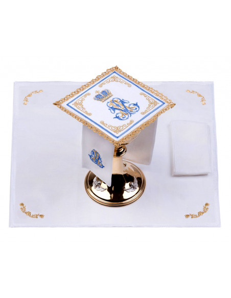 Juego De Altar Lino M Azul Con Corona Bordada Cenefa Dorada 18-5017