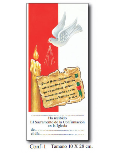 Diploma Confirmacion Mod Conf.1 28x10cm Paloma Y Vela Rojo