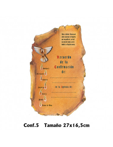 Diploma Confirmacion Mod Conf.5 27x16.5cm Pergamino Con Paloma Que Sopla