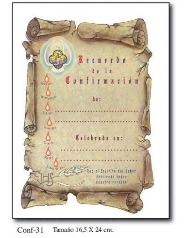 Diploma Confirmacion Mod Conf.31 27x16.5cm Pergamino