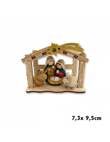 Nacimiento Res Sagrada Familia 5 Piezas Pe En Pesebre Madera 7. 5x9. 5cm San Jose Con Barba