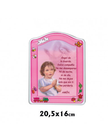 Tabla Madera Oracion Angel De La Guarda 20.5x16 Borde Blanco Fondo Rosa