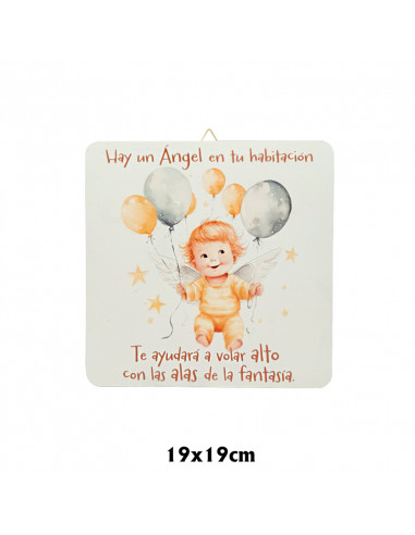 Cuadro infantil Angelito con globos 19x19cm blanco acabado relieve y caja