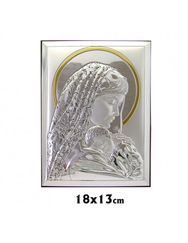 Icono Plata Rectangular Virgen Con Niño Velo De Flores 13x18 CM