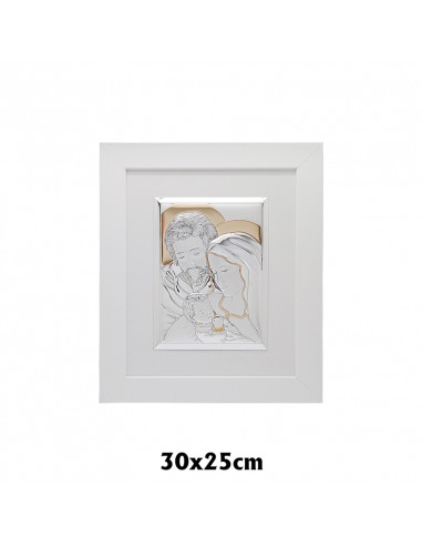 Icono Plata Sagrada Familia 25 X 30cm Marco Madera Blanca