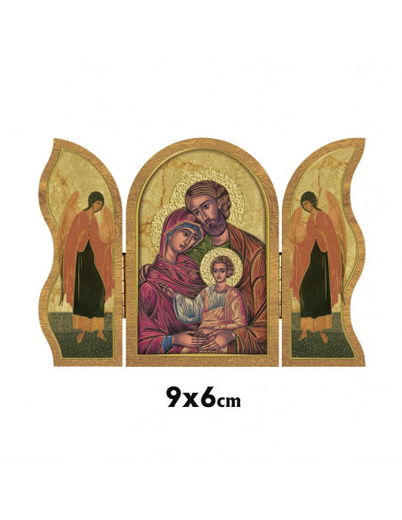 Icono Triptico Madera Sagrada Familia Clasica 9x6cm Oro Brillo Estilo Bizantino
