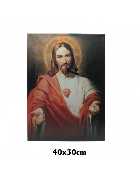 Cuadro Tela Estampada 40X30cm Corazon De Jesús Brazos Abierto Fondo Verde Emaus