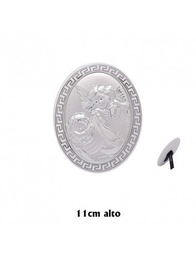 Icono Oval Plata Laminada Sobre Porcelana Blanca Angel con Candil 12x9 cm