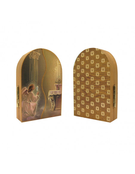 Icono Triptico Madera Angel Con Lampara 9x6cm Adornos Oro Brillo Y Puertas Con Altar