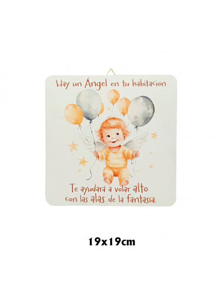 Cuadro Infantil Angelito Con Globos 19X19cm Blanco Acabado Relieve Y Caja