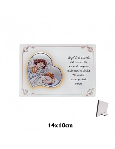 Sobremesa Corazon 7 x 5.5cm Plata Bilaminada Angel con Candil Sobre Tabla con Oracion