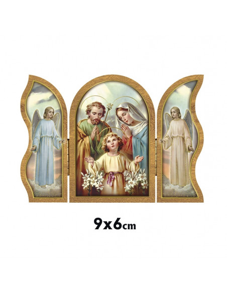 Icono Triptico Madera Sagrada Familia 9X6cm Adornos Oro Brillo Y Puertas Con Altar