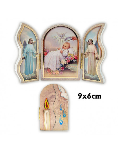 Icono Triptico Madera Bautismo 9X6cm Oro Brillo Acabado Fondo Blanco