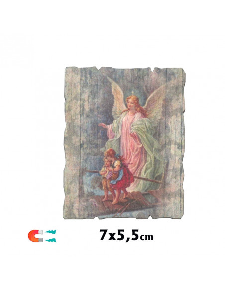 Tabla Madera 7X5. 5 Cm Angel De La Guarda Magnetico Y Con Soporte Trasero