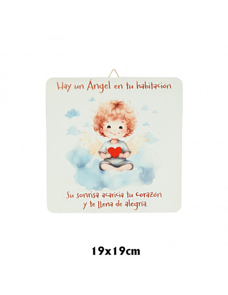 Cuadro Infantil Angelito Con Corazon 19X19cm Blanco Acabado Relieve Y Caja