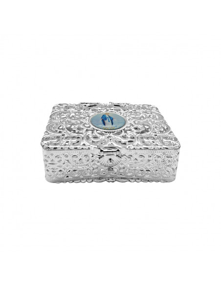 Caja Para Rosario Metal Filigrana Con Foto Superior 7 x 5.5 cm