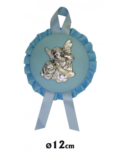 Medalla Cuna Placa Plata Niño Dos Angeles Tejido Azul Con Cordon Azul 8cm