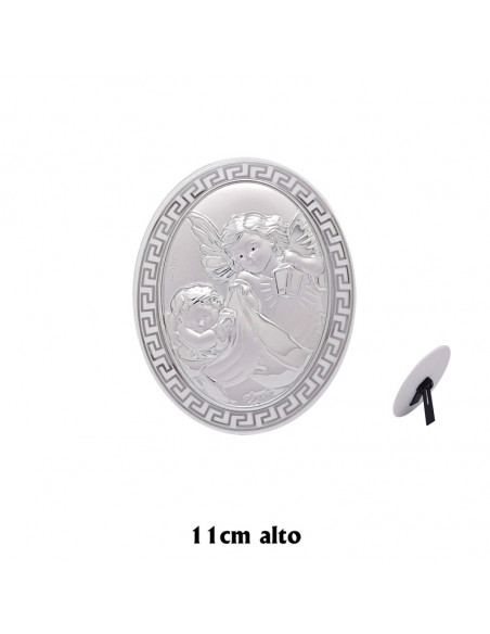 Icono Oval Plata Laminada Sobre Porcelana Blanca Angel Con Candil 12X9 Cm