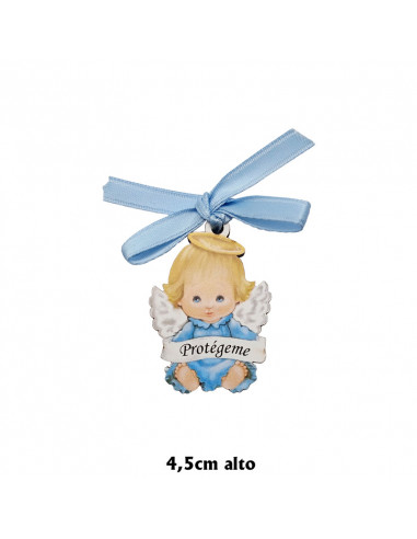 Medalla Cuna Angel Con Niño Sobre El Puente Con Placa Esmaltada Piel Celeste 12cm