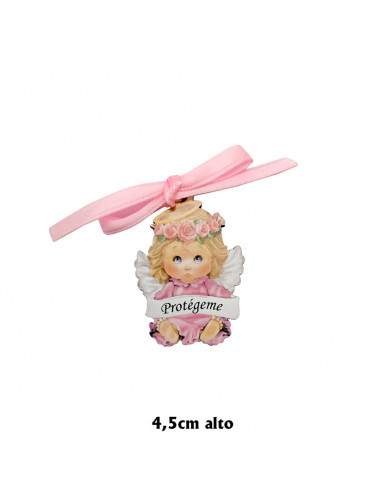 Medalla Cuna Angel Con Niña Sobre El Puente Con Placa Esmaltada Piel Rosa 12cm