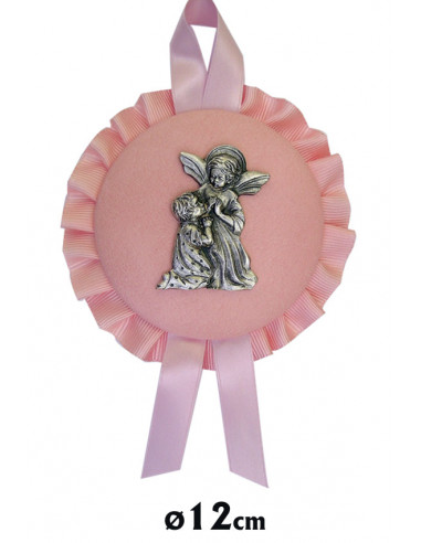 Medalla Cuna Con Placa Metal Niña Rezando Con El Angel Piel Rosa 12cm