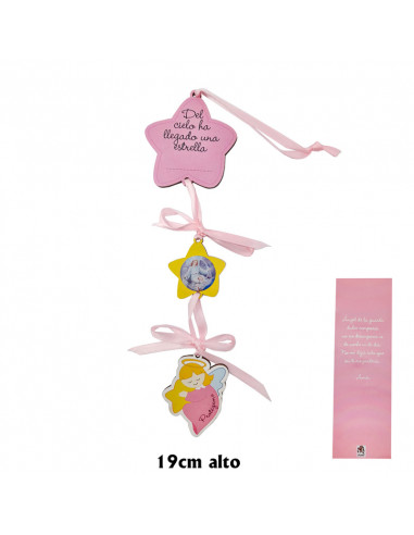 Medalla Cuna Estrella Con Texto Y Angelita Durmiendo Fondo Rosa En Blister