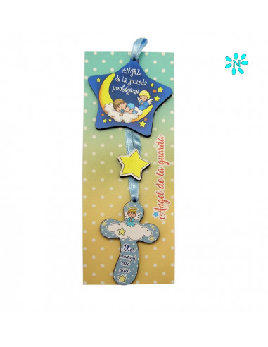 Medalla Cuna Estrella Angel De La Guarda Azul Con Cruz Personalizable