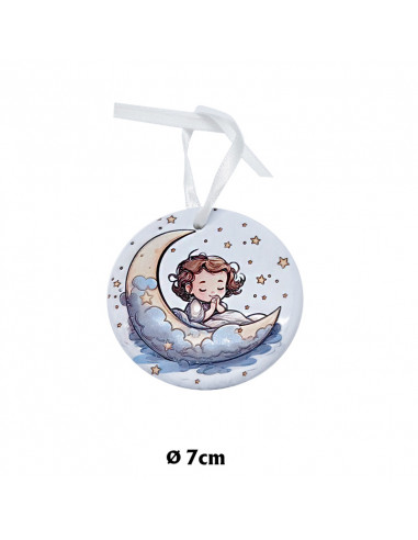 Medalla Cuna Redonda Resina 7cm Niño Rezando con Luna de Dia Con Cajita