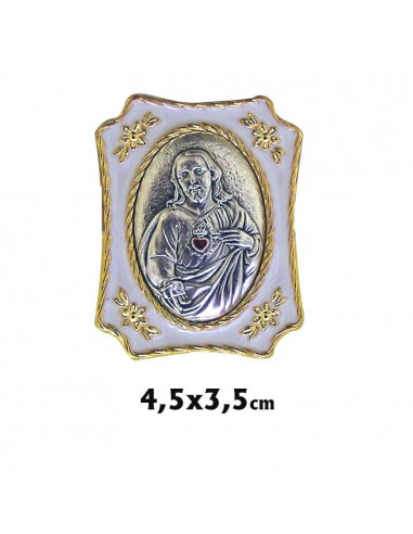 Placa Metal Dorada 4. 5x3. 5cm Corazon De Jesus En Relieve Con Esmalte Blanco