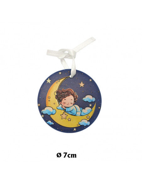 Medalla Cuna Redonda Resina 7cm Niño Dormido con Luna de Noche Con Cajita