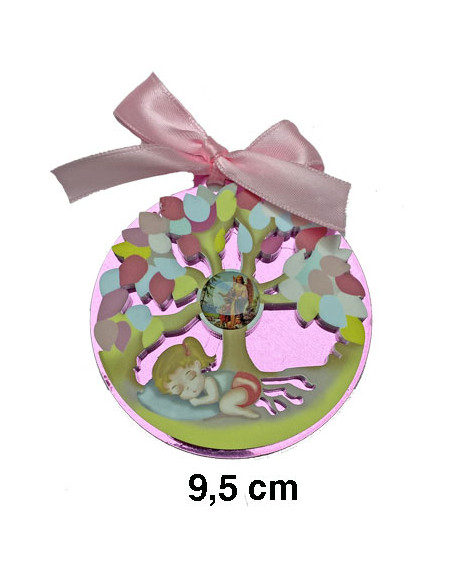Medalla Cuna Arbol De La Vida Reflejo Rosa Con Niña 75mm