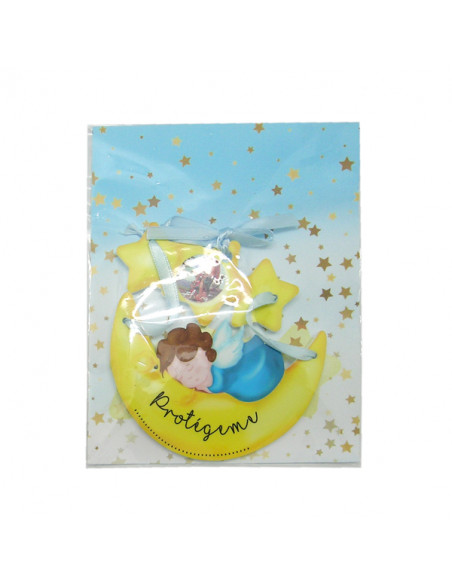 Medalla Cuna Angelito Dormido Sobre Luna Y Estrellas En Blister