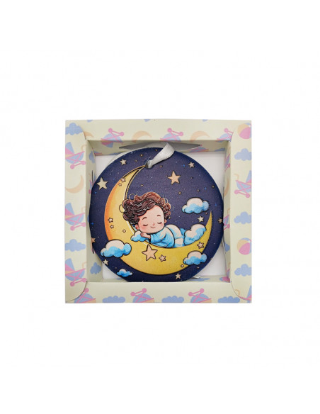 Medalla Cuna Redonda Resina 7Cm Niño Dormido Con Luna De Noche Con Cajita