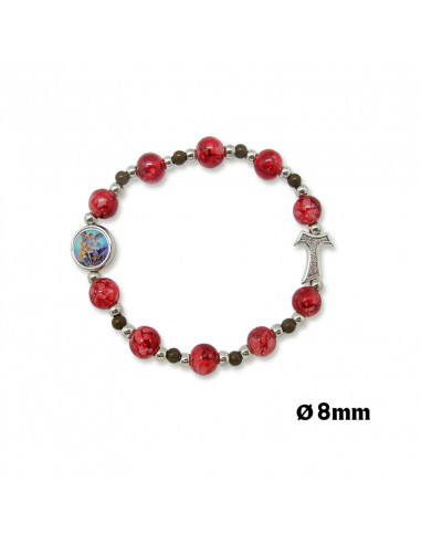 Pulsera Brazalete Elastica 8mm Cristal Rojo Y Blanco Con Tau Y Bolitas Madera