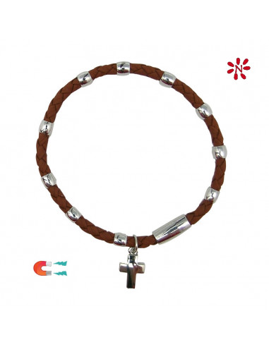 Pulsera Cuero Trenzado Marron Con Adornos Metal Y Cierre Magnetico