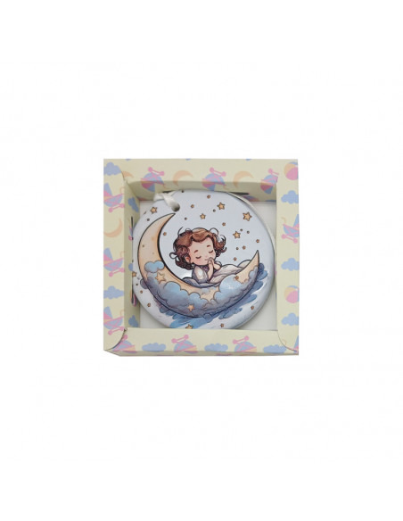 Medalla Cuna Redonda Resina 7cm Niño Rezando con Luna de Dia Con Cajita