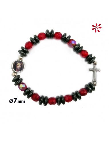 Pulsera Elastica Cristal Tallado 7mm Rojo Y Discos Ematite Dobles Con Cruz