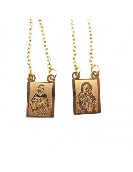 Escapulario Acero Dorado Rectangular 1.2X1cm Grabado A Laser Con Cadena De Acero Dorada