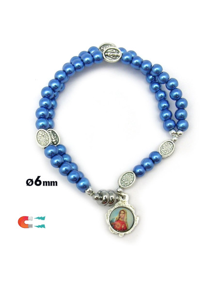 Pulsera Rosario Cristal Liso Azul 5Mm Paters Medalla Milagrosa Cierre Magnetico