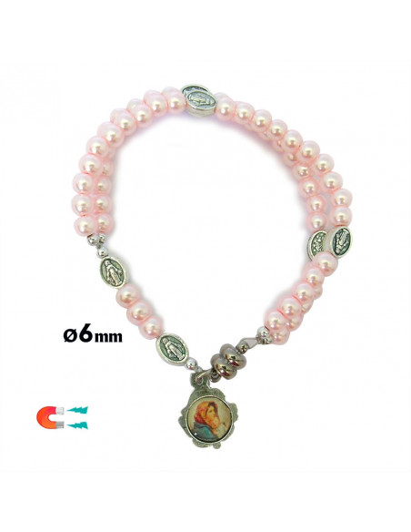 Pulsera Rosario Cristal Liso Rosa 5mm Paters Medalla Milagrosa Cierre Magnetico