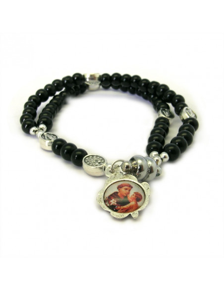 Pulsera Rosario Cristal Liso Negro 5mm Paters Medalla Milagrosa Cierre Magnetico