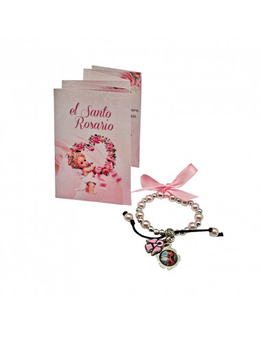 Pulsera Elastica Santo Rosario Bola 6 MM Con Lazo Rosa Y Angelito