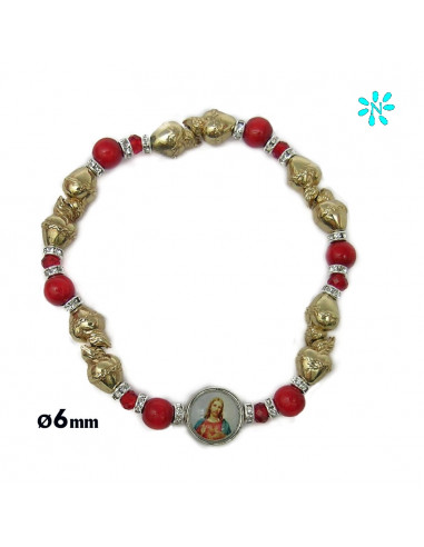 Pulsera Elastica Corazones Dorados Bola 6 MM Roja