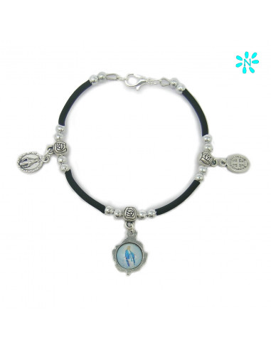 Pulsera Rigida Negra Con 3 Colgantes De Santos Personalizable