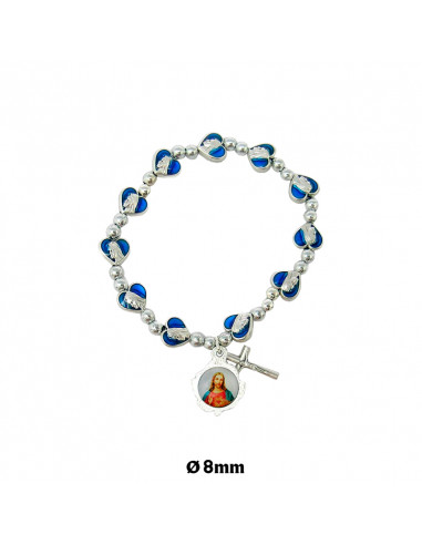 Pulsera Elastica Plateada Cuentas Corazones Con Virgen En Azul Personalizable